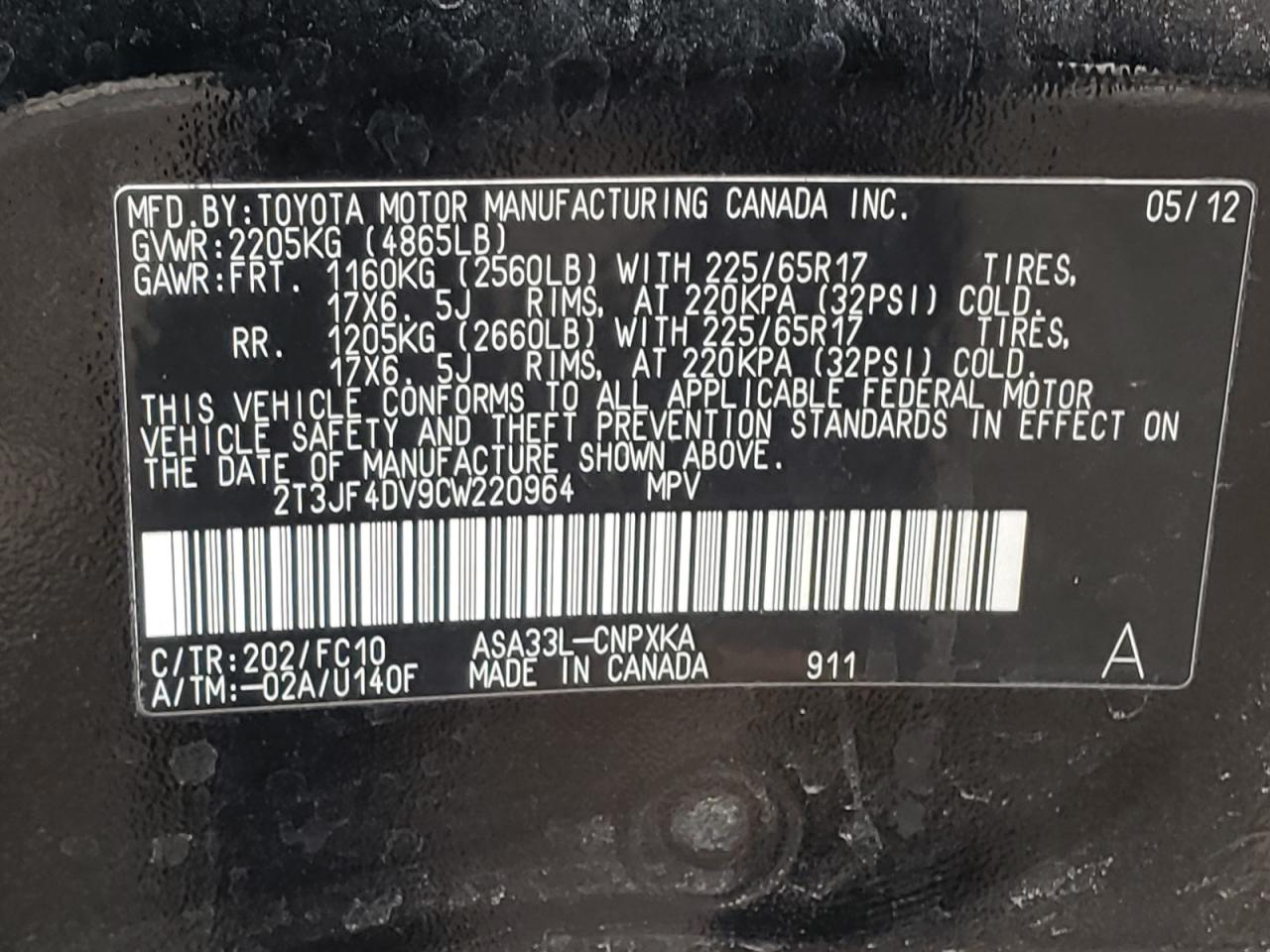 Photo 10 from auction – 2012 TOYOTA RAV4 with VIN 2T3JF4DV9CW220964