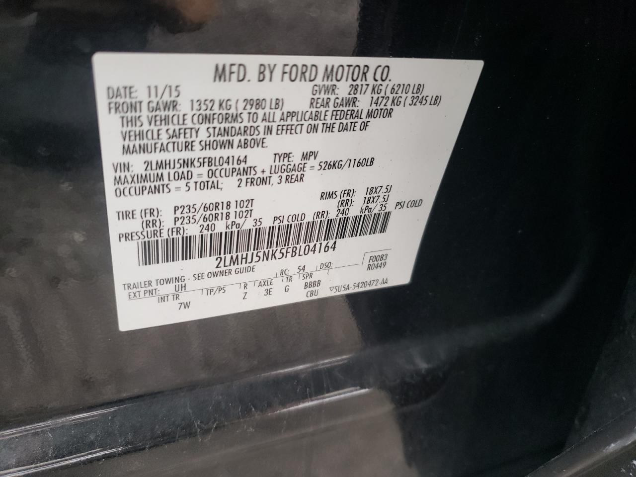 Photo 10 from auction – 2015 LINCOLN MKT with VIN 2LMHJ5NK5FBL04164