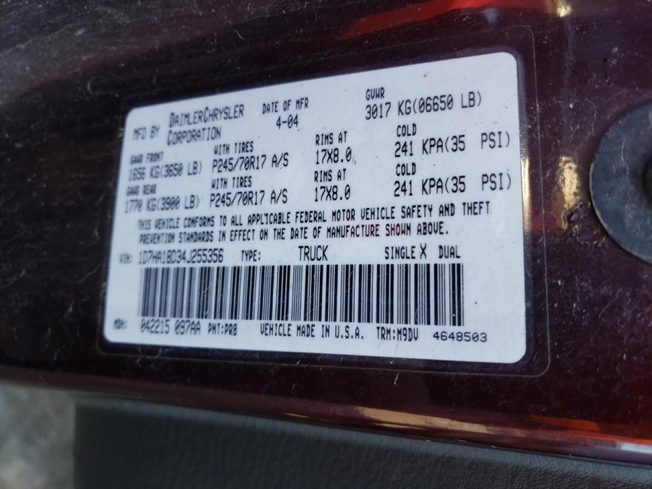 Photo 10 from auction – 2004 DODGE RAM 1500 S with VIN 1D7HA18D34J255356