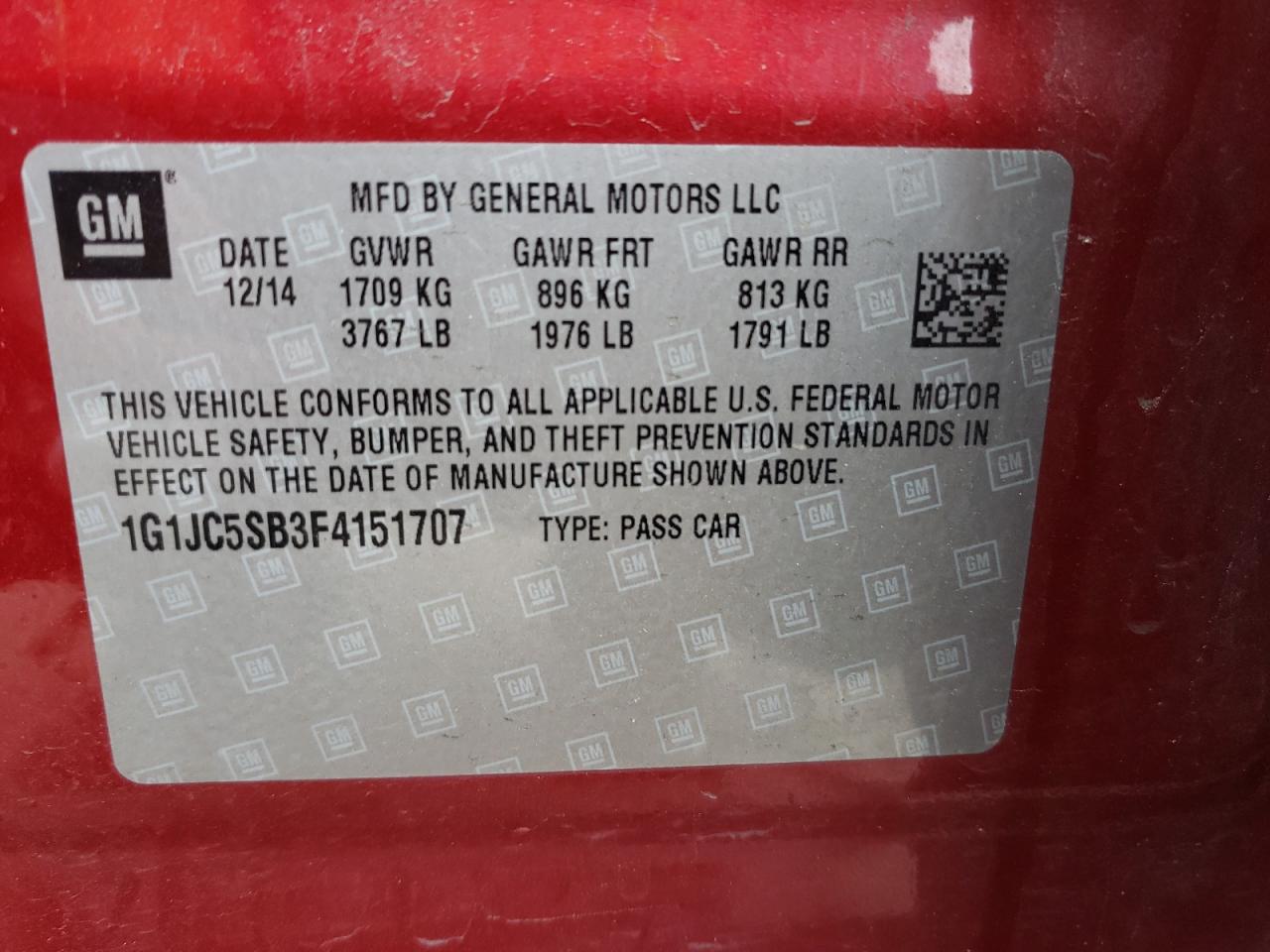 Photo 10 from auction – 2015 CHEVROLET SONIC LT with VIN 1G1JC5SB3F4151707