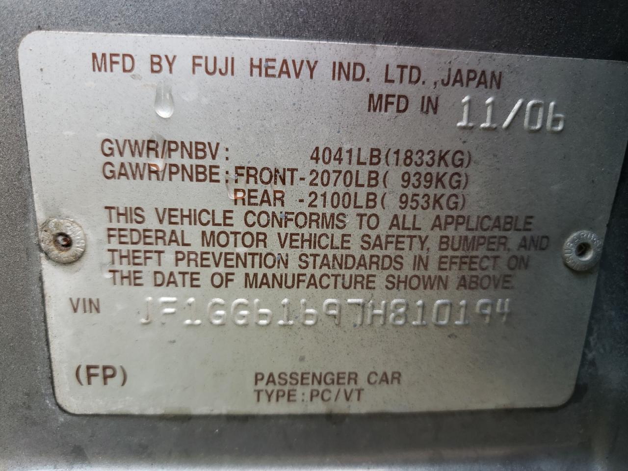Фото 10 с аукциона – 2007 SUBARU IMPREZA с VIN JF1GG61697H810194