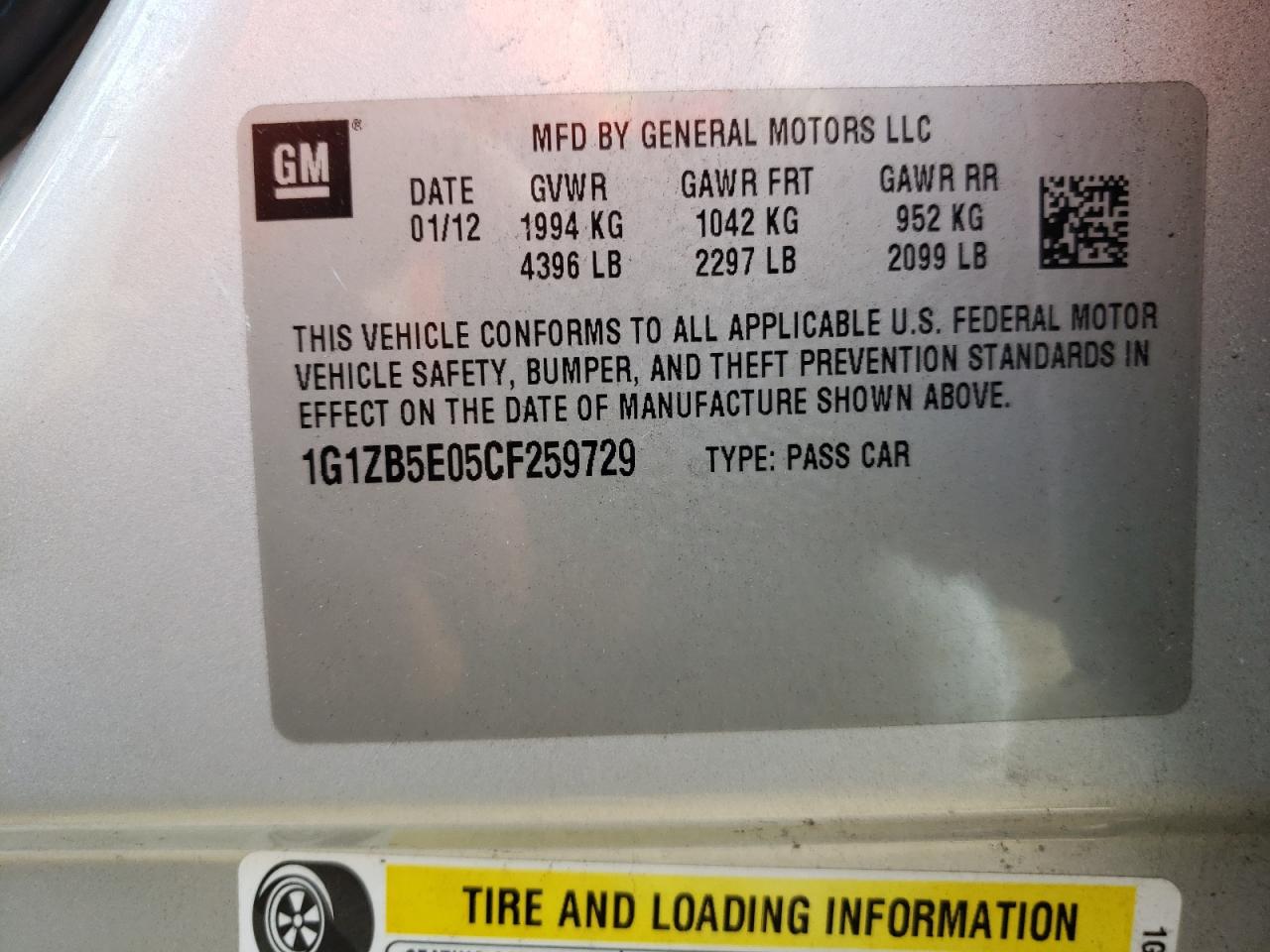 Photo 10 from auction – 2012 CHEVROLET MALIBU LS with VIN 1G1ZB5E05CF259729