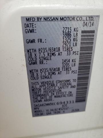 NISSAN PATHFINDER 2014 with VIN 5N1AR2MN9EC694331 - Photo from auction