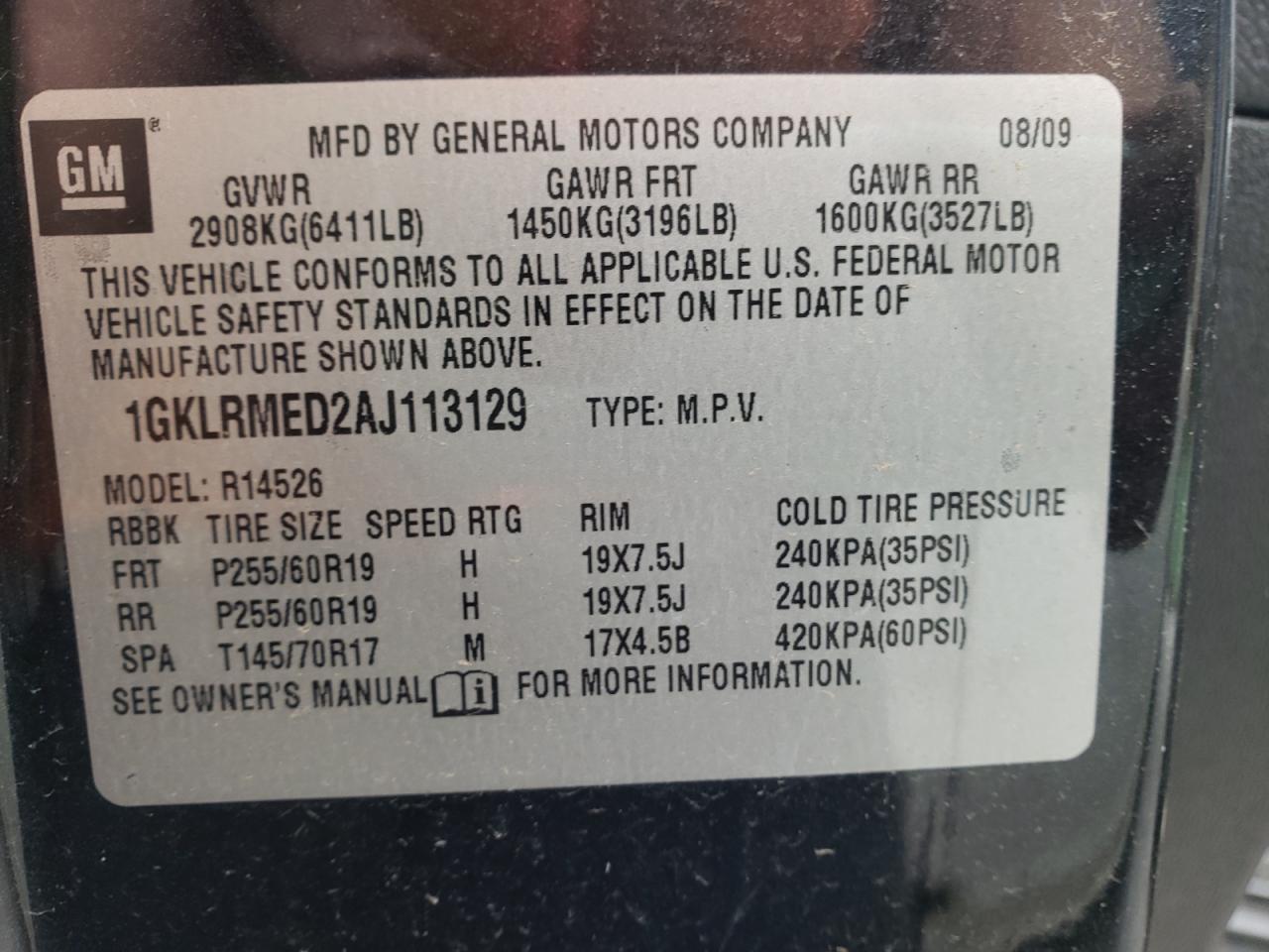 Photo 10 from auction – 2010 GMC ACADIA SLT with VIN 1GKLRMED2AJ113129