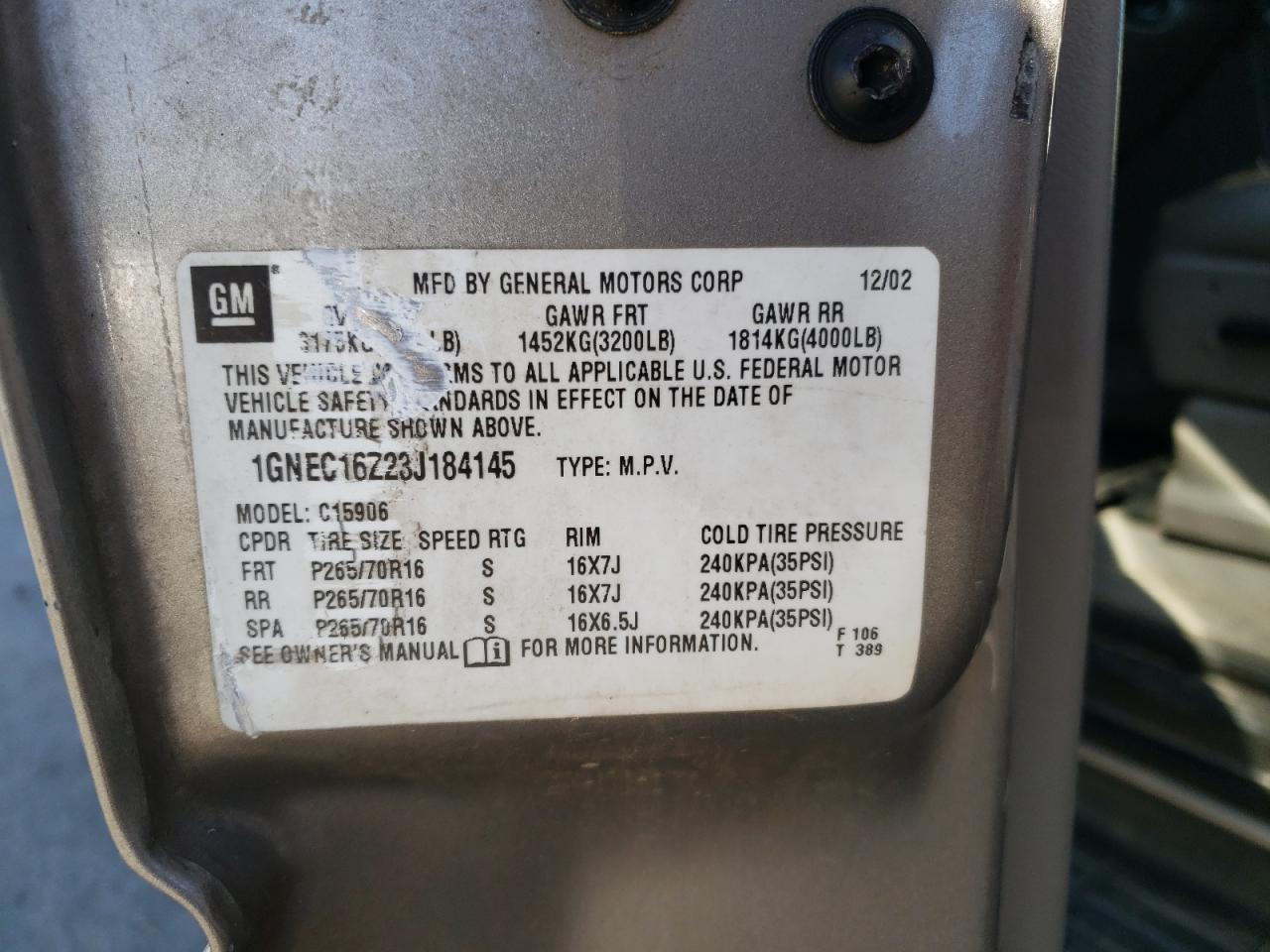 Photo 10 from auction – 2003 CHEVROLET SUBURBAN C with VIN 1GNEC16Z23J184145