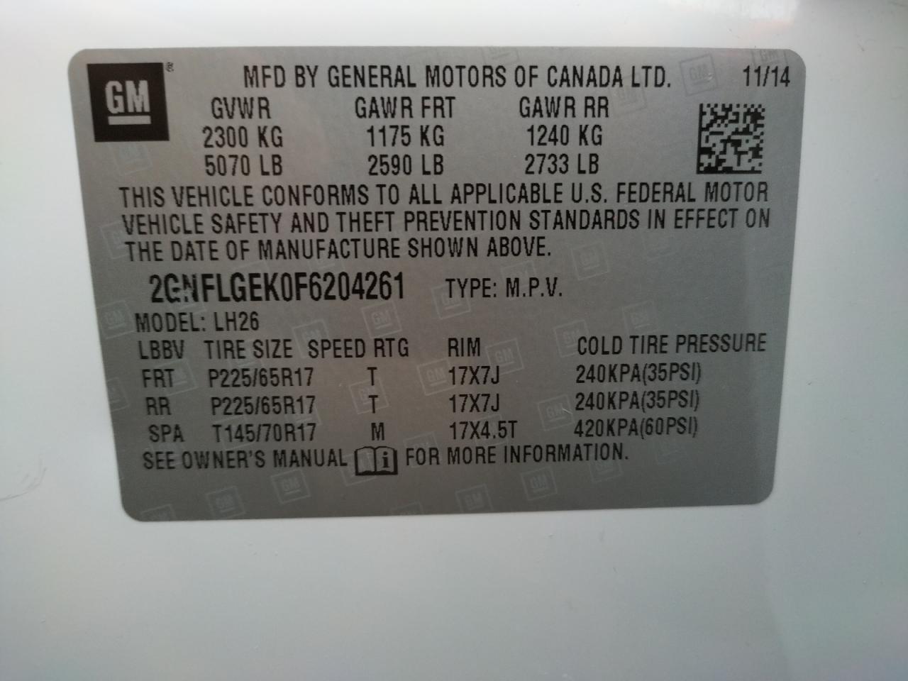Photo 10 from auction – 2015 CHEVROLET EQUINOX LT with VIN 2GNFLGEK0F6204261