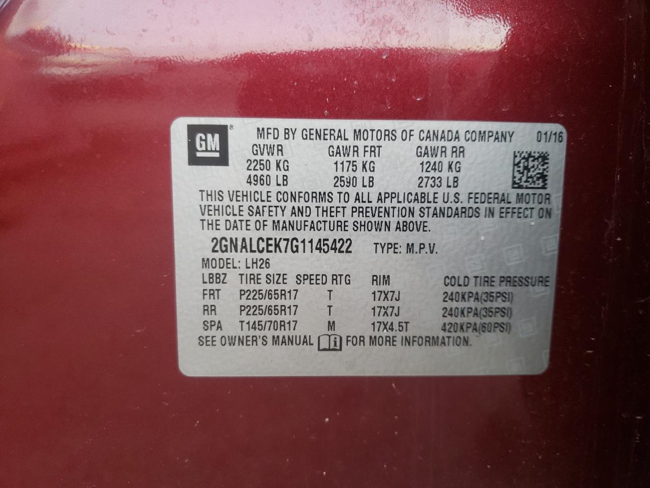 Photo 10 from auction – 2016 CHEVROLET EQUINOX LT with VIN 2GNALCEK7G1145422