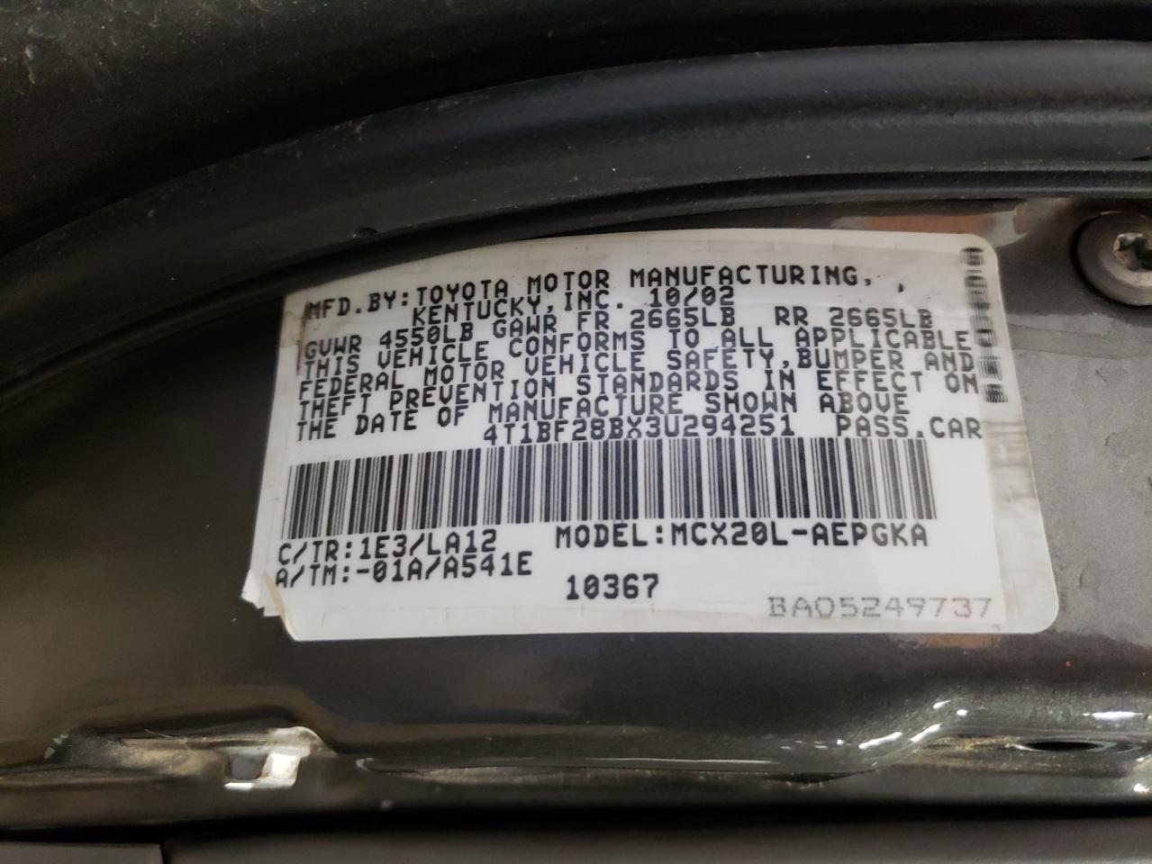 Photo 10 from auction – 2003 TOYOTA AVALON XL with VIN 4T1BF28BX3U294251