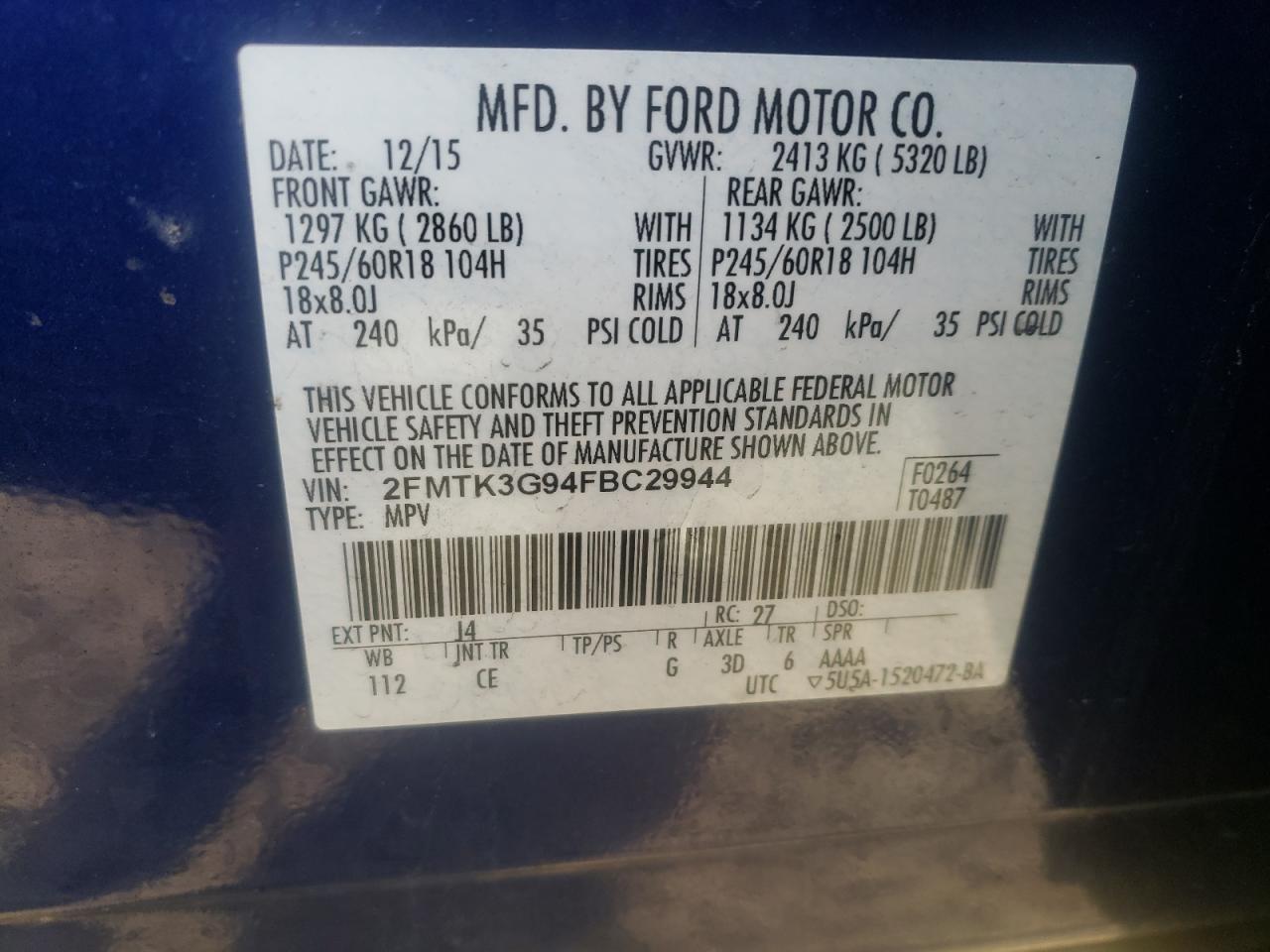 Photo 10 from auction – 2015 FORD EDGE SE with VIN 2FMTK3G94FBC29944