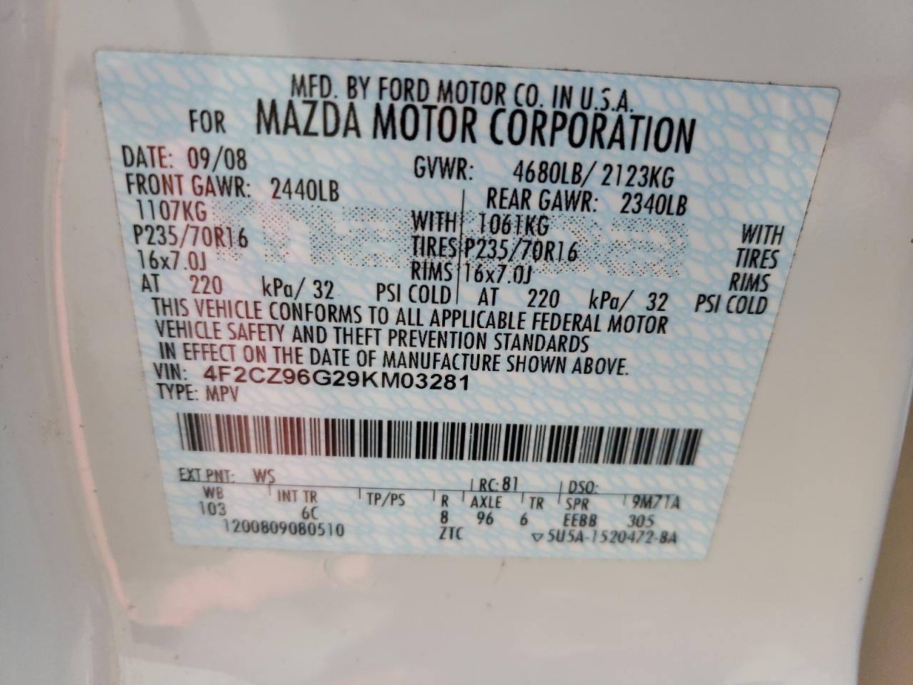 Photo 10 from auction – 2009 MAZDA TRIBUTE S with VIN 4F2CZ96G29KM03281