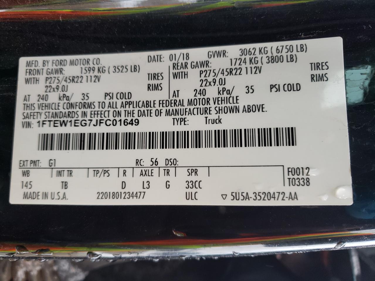Photo 10 from auction – 2018 FORD F150 SUPER with VIN 1FTEW1EG7JFC01649