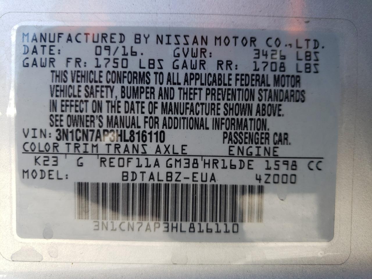 Photo 10 from auction – 2017 NISSAN VERSA S with VIN 3N1CN7AP3HL816110