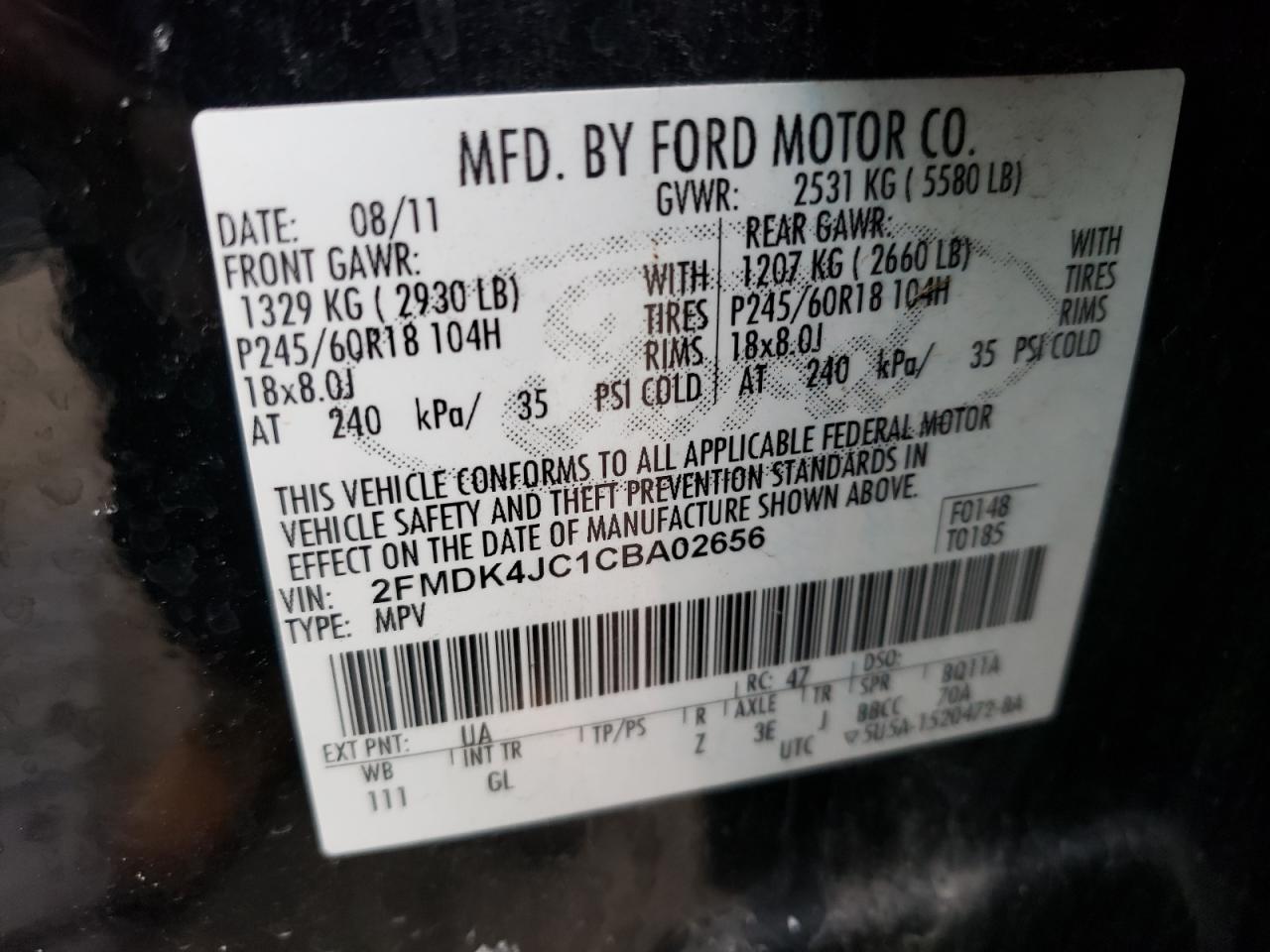 Photo 10 from auction – 2012 FORD EDGE SEL with VIN 2FMDK4JC1CBA02656