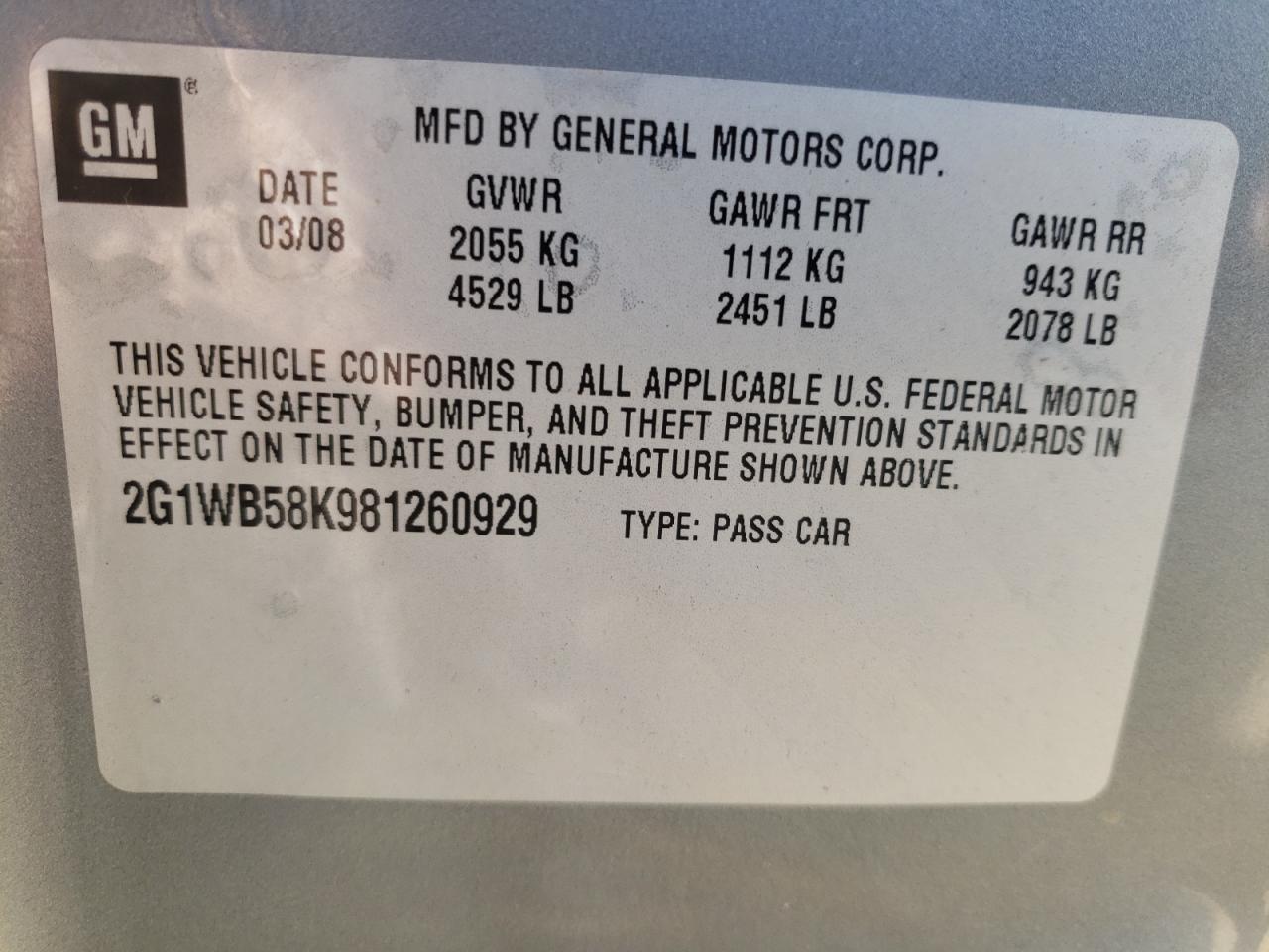 Photo 10 from auction – 2008 CHEVROLET IMPALA LS with VIN 2G1WB58K981260929