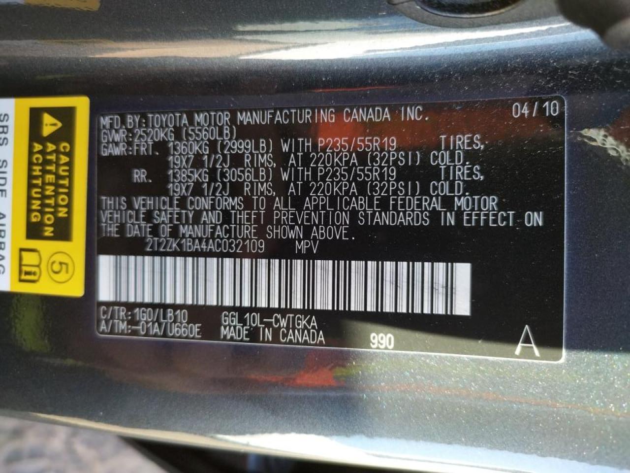 Photo 10 from auction – 2010 LEXUS RX 350 with VIN 2T2ZK1BA4AC032109