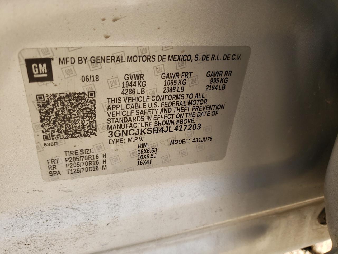 Photo 10 from auction – 2018 CHEVROLET TRAX LS with VIN 3GNCJKSB4JL417203
