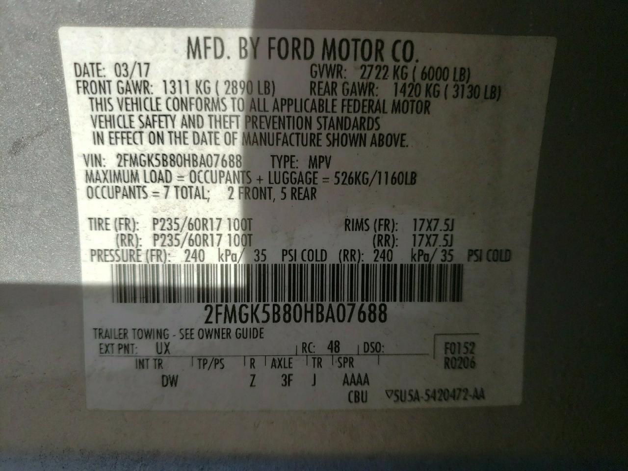 Photo 10 from auction – 2017 FORD FLEX SE with VIN 2FMGK5B80HBA07688