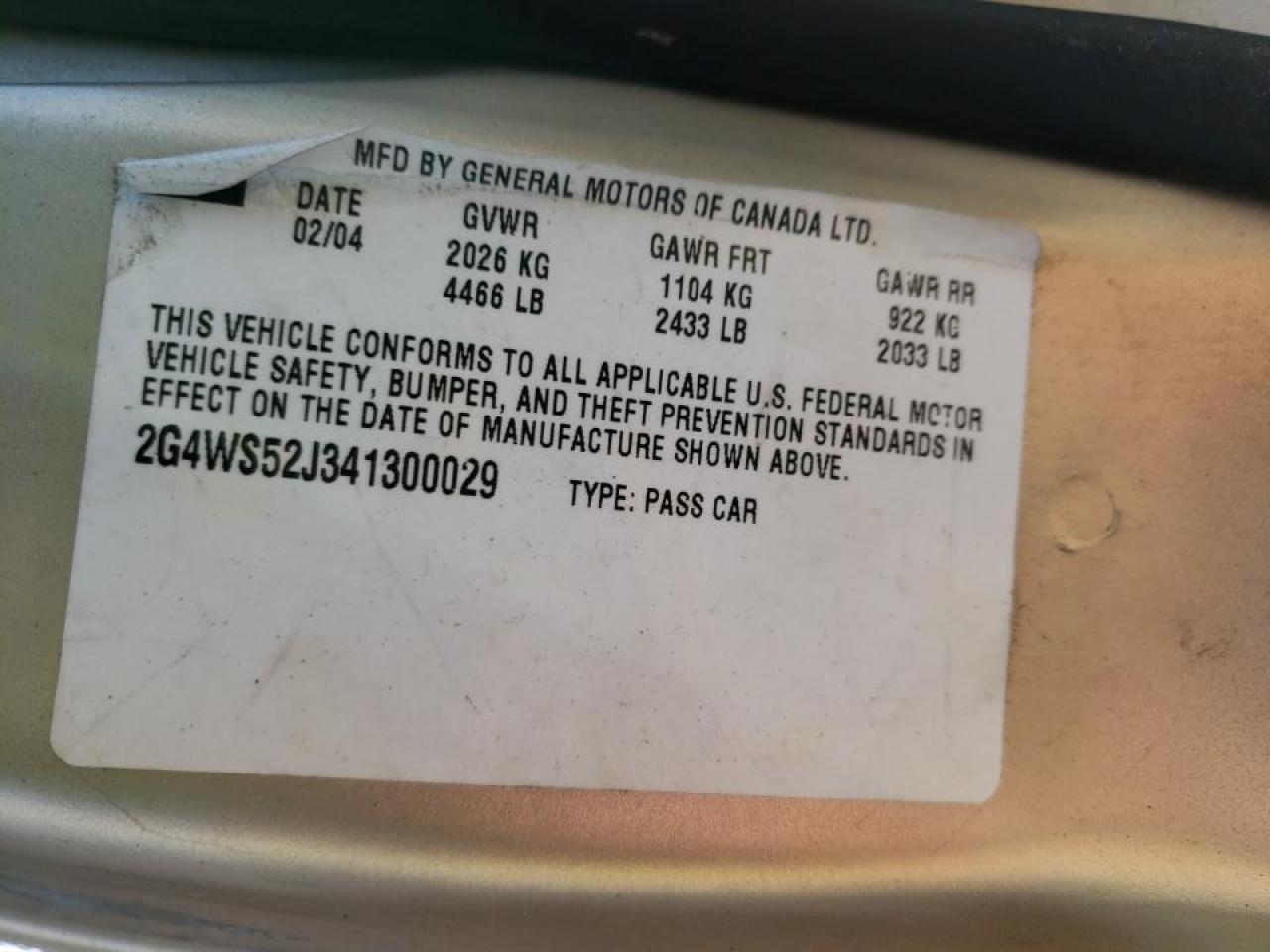 Photo 10 from auction – 2004 BUICK CENTURY CU with VIN 2G4WS52J341300029