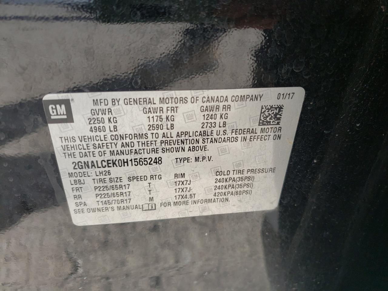 Photo 10 from auction – 2017 CHEVROLET EQUINOX LT with VIN 2GNALCEK0H1565248