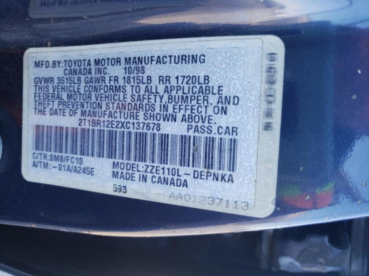 Foto 10 de la subasta – 1999 TOYOTA COROLLA CE con VIN 2T1BR12E2XC137678