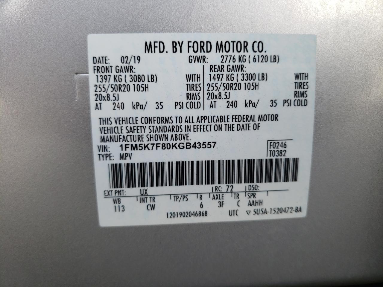Photo 10 from auction – 2019 FORD EXPLORER L with VIN 1FM5K7F80KGB43557