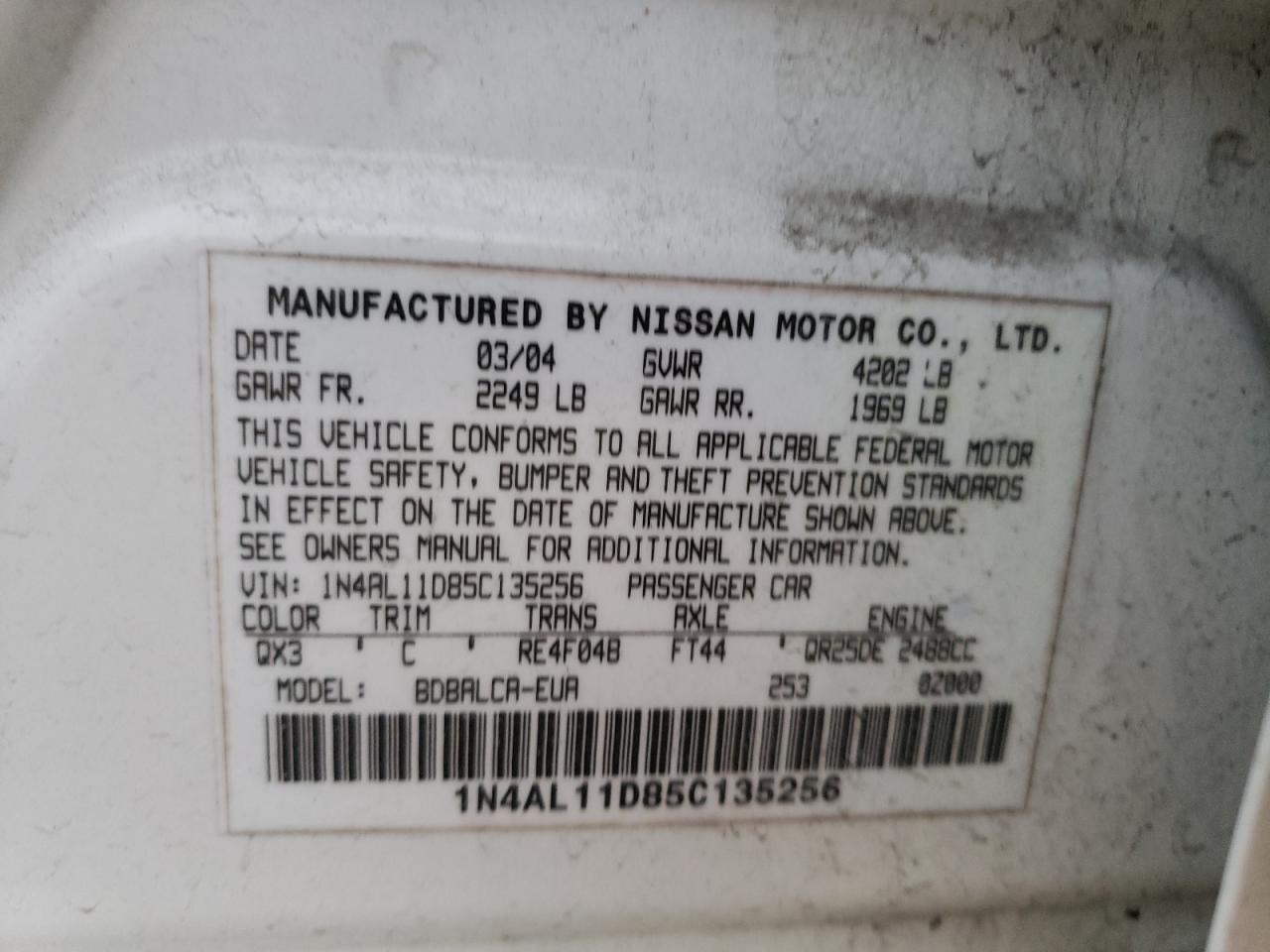 Photo 10 from auction – 2005 NISSAN ALTIMA S with VIN 1N4AL11D85C135256
