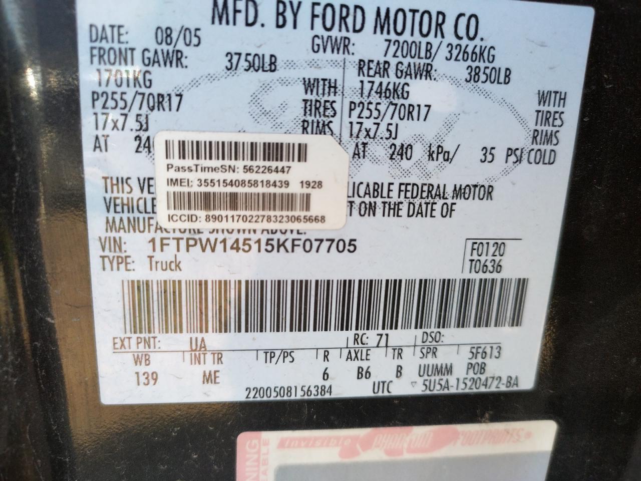Photo 10 from auction – 2005 FORD F150 SUPER with VIN 1FTPW14515KF07705