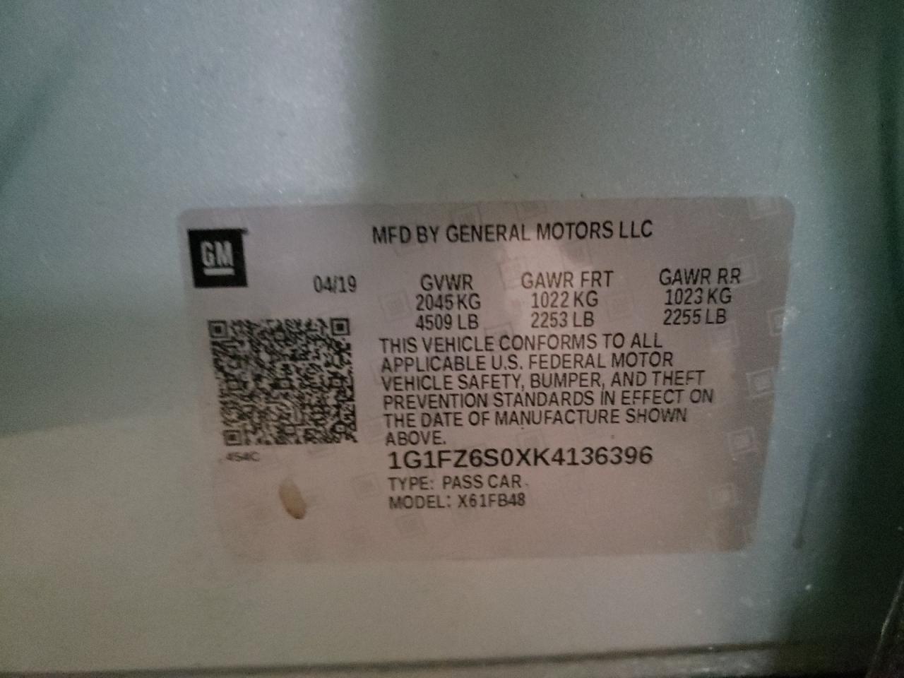 Photo 10 from auction – 2019 CHEVROLET BOLT EV PR with VIN 1G1FZ6S0XK4136396