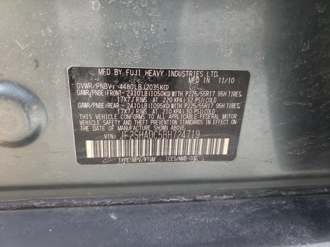 Photo 10 from auction – 2011 SUBARU FORESTER 2 with VIN JF2SHADC5BH724719