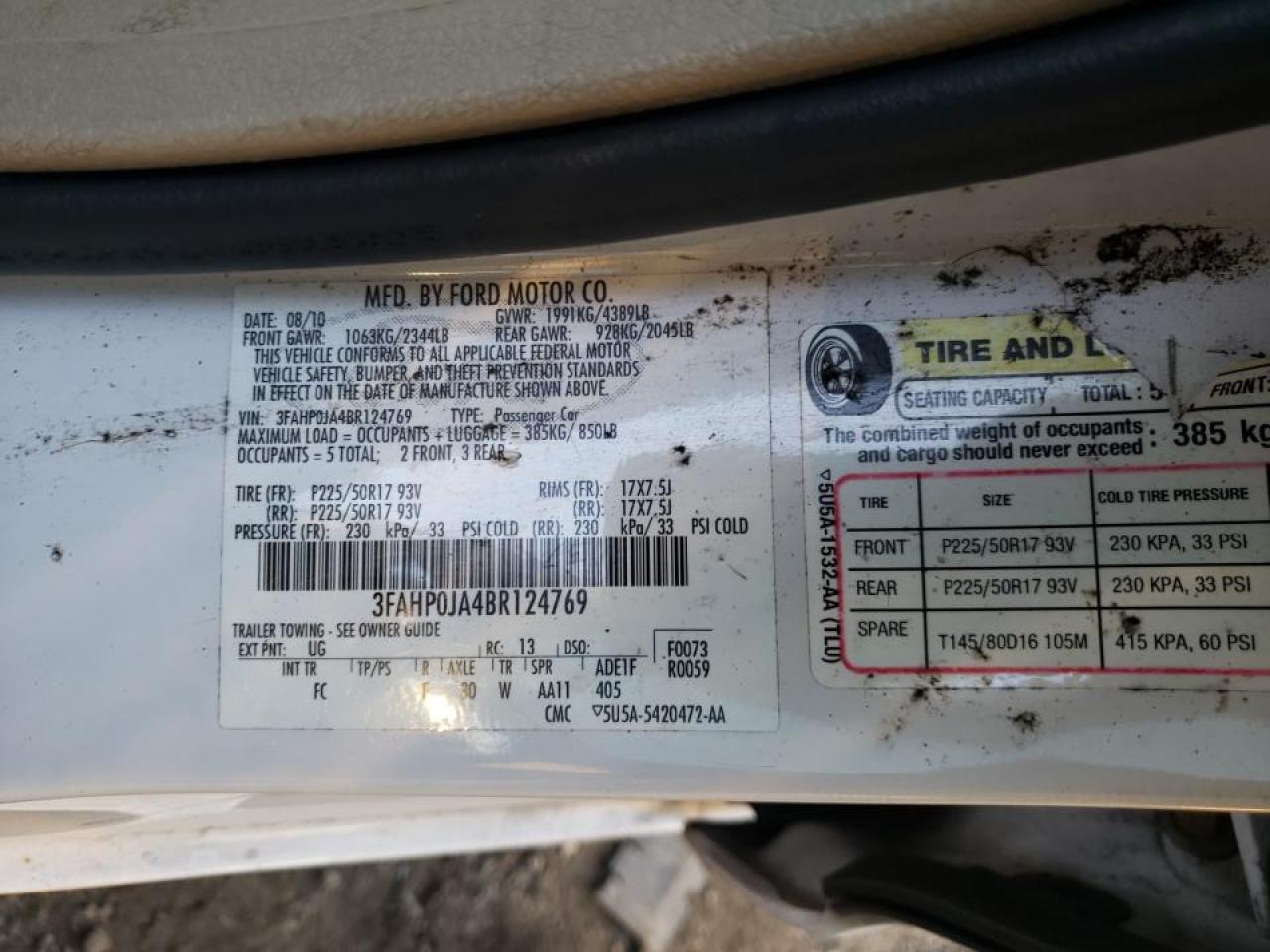 Photo 10 from auction – 2011 FORD FUSION SEL with VIN 3FAHP0JA4BR124769