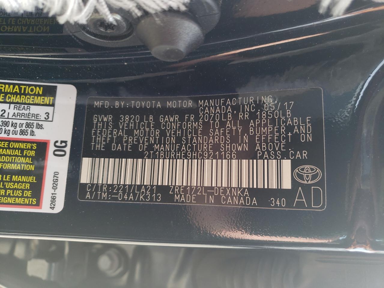 Photo 10 from auction – 2017 TOYOTA COROLLA L with VIN 2T1BURHE9HC921166