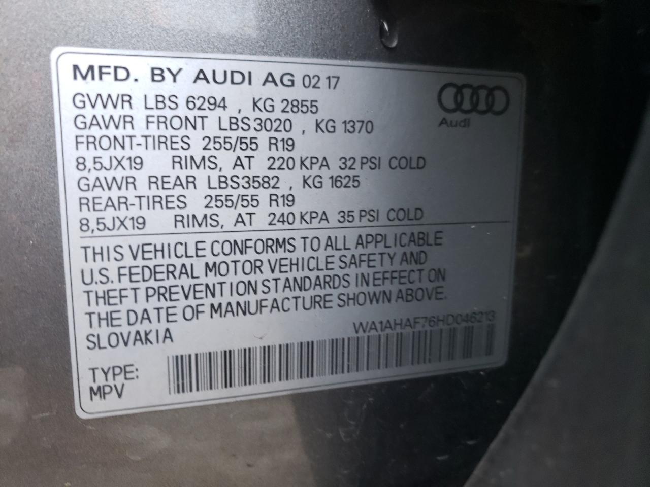 Photo 10 from auction – 2017 AUDI Q7 PREMIUM with VIN WA1AHAF76HD046213