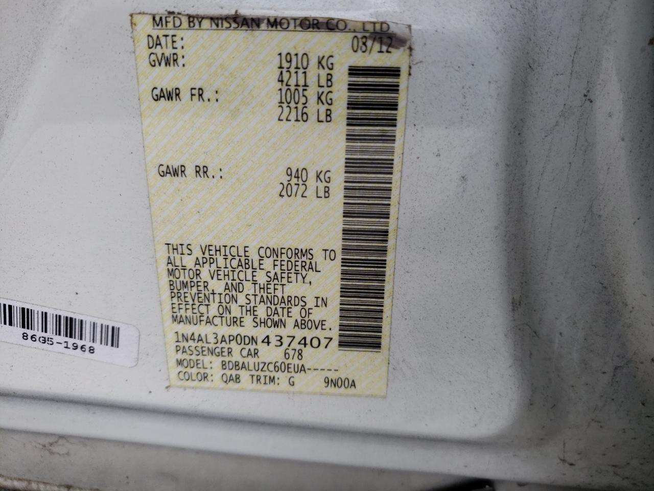 Photo 10 from auction – 2013 NISSAN ALTIMA 2.5 with VIN 1N4AL3AP0DN437407