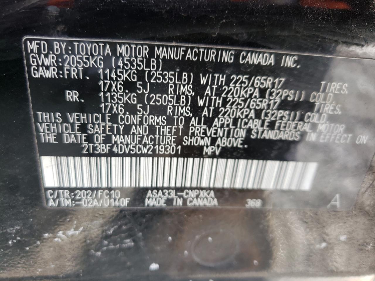 Photo 10 from auction – 2012 TOYOTA RAV4 with VIN 2T3BF4DV5CW219301
