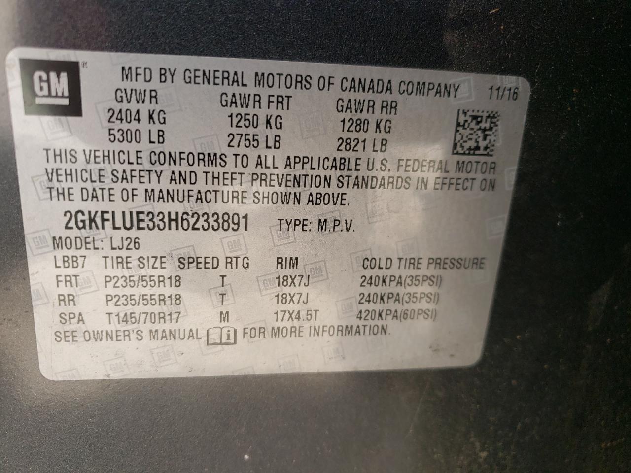Photo 10 from auction – 2017 GMC TERRAIN SL with VIN 2GKFLUE33H6233891