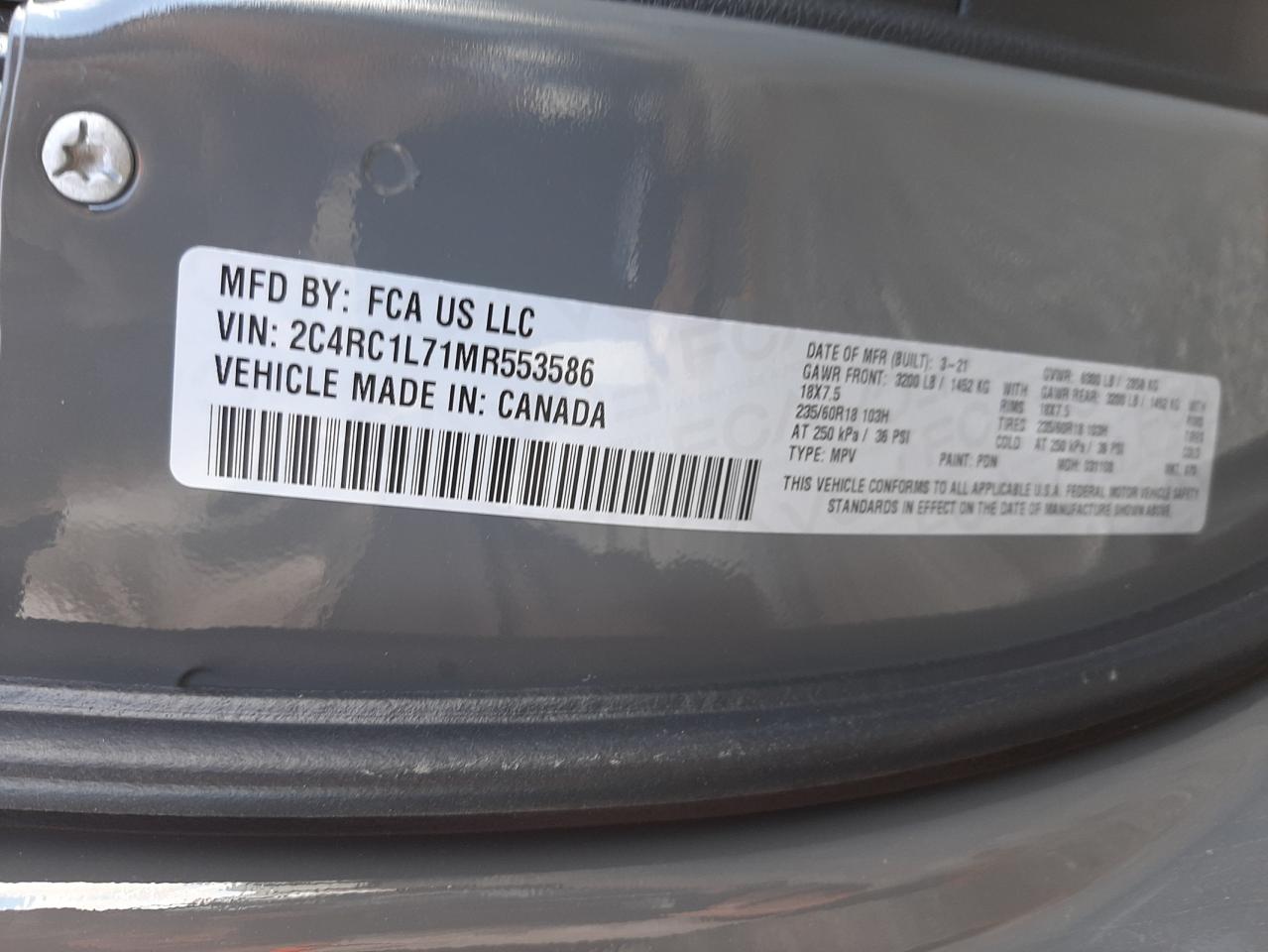 Photo 10 from auction – 2021 CHRYSLER PACIFICA H with VIN 2C4RC1L71MR553586