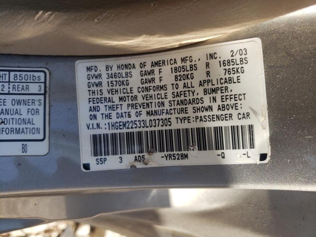 Photo 10 from auction – 2003 HONDA CIVIC LX with VIN 1HGEM22533L037305