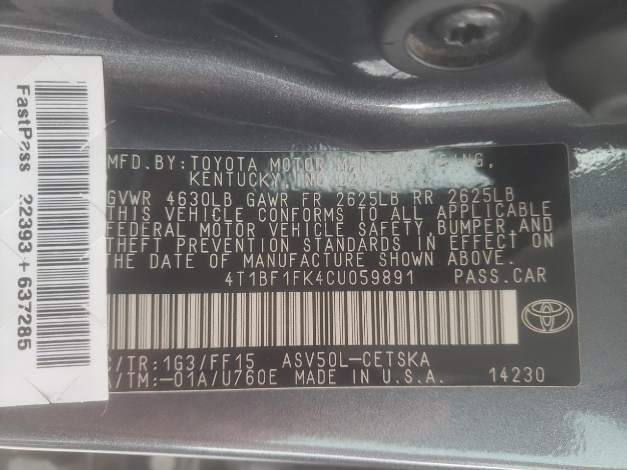 Photo 10 from auction – 2012 TOYOTA CAMRY BASE with VIN 4T1BF1FK4CU059891