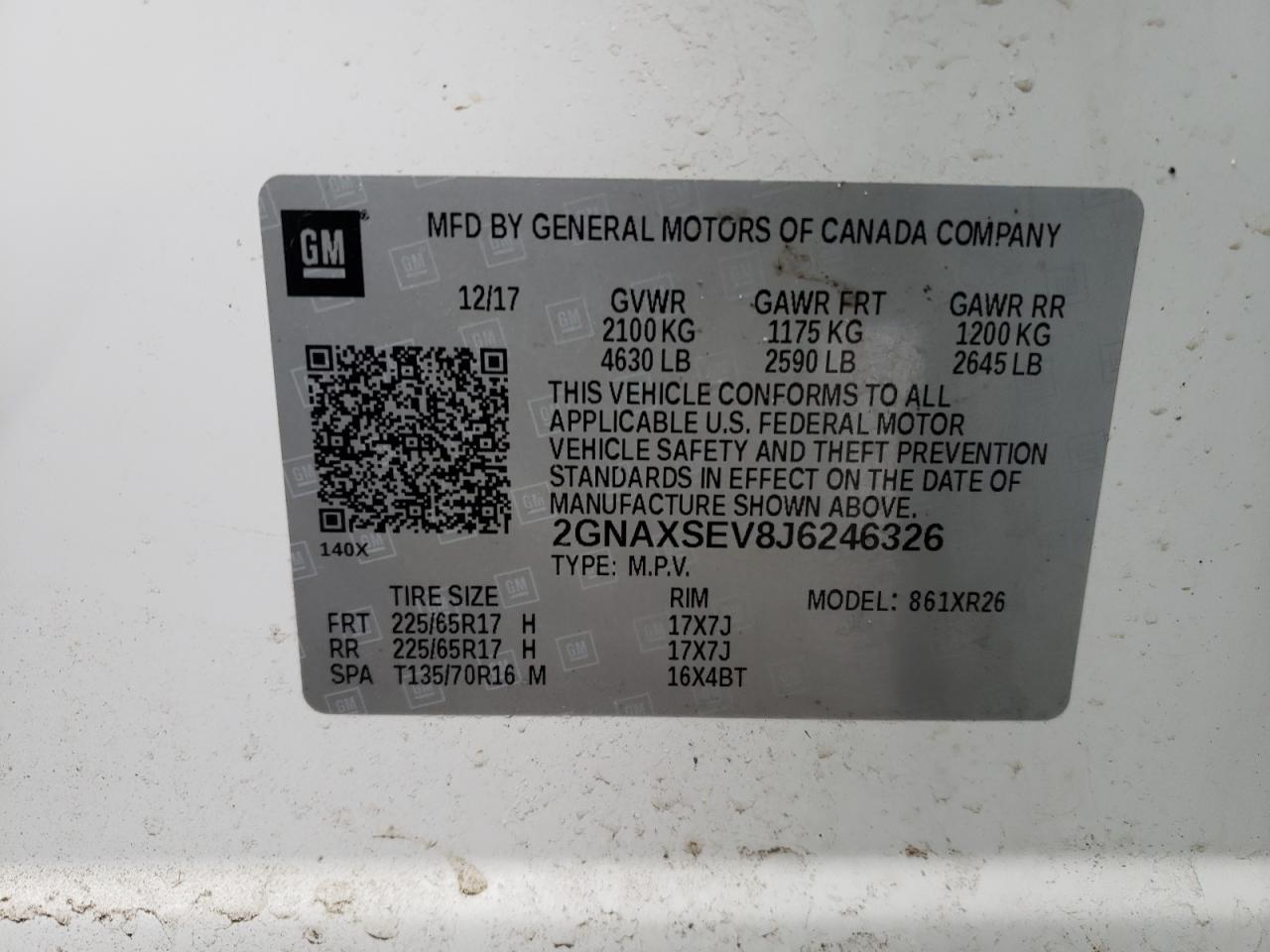 Photo 10 from auction – 2018 CHEVROLET EQUINOX LT with VIN 2GNAXSEV8J6246326
