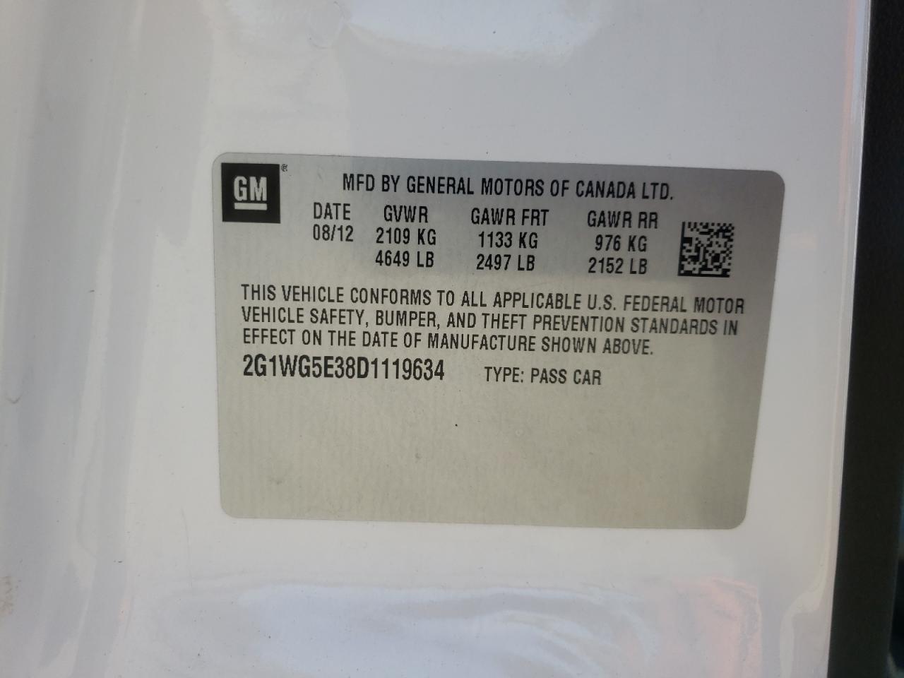 Photo 10 from auction – 2013 CHEVROLET IMPALA LT with VIN 2G1WG5E38D1119634