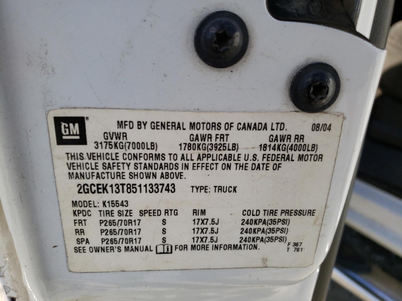 Photo 10 from auction – 2005 CHEVROLET SILVERADO with VIN 2GCEK13T851133743