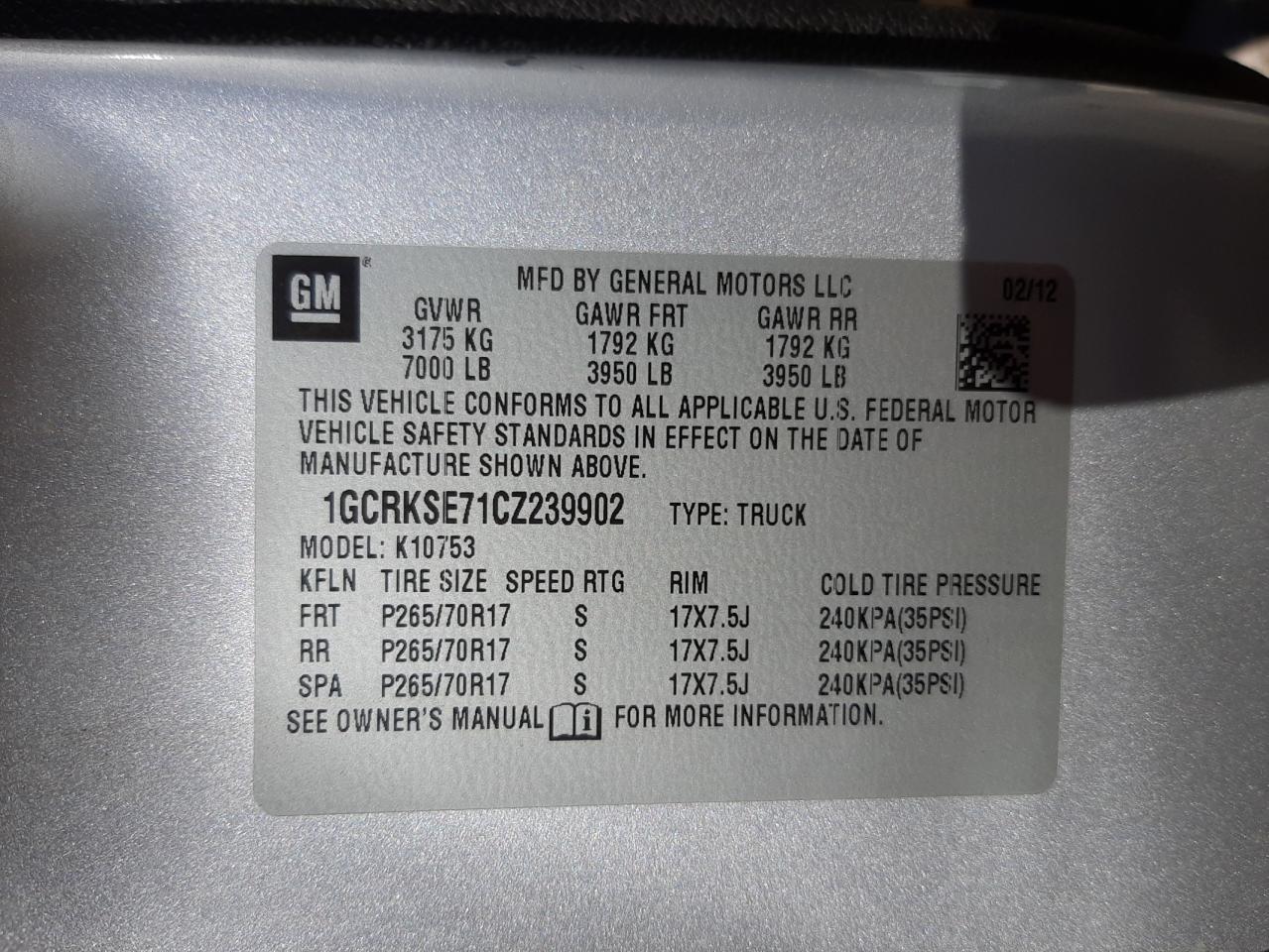 Photo 10 from auction – 2012 CHEVROLET SILVERADO with VIN 1GCRKSE71CZ239902