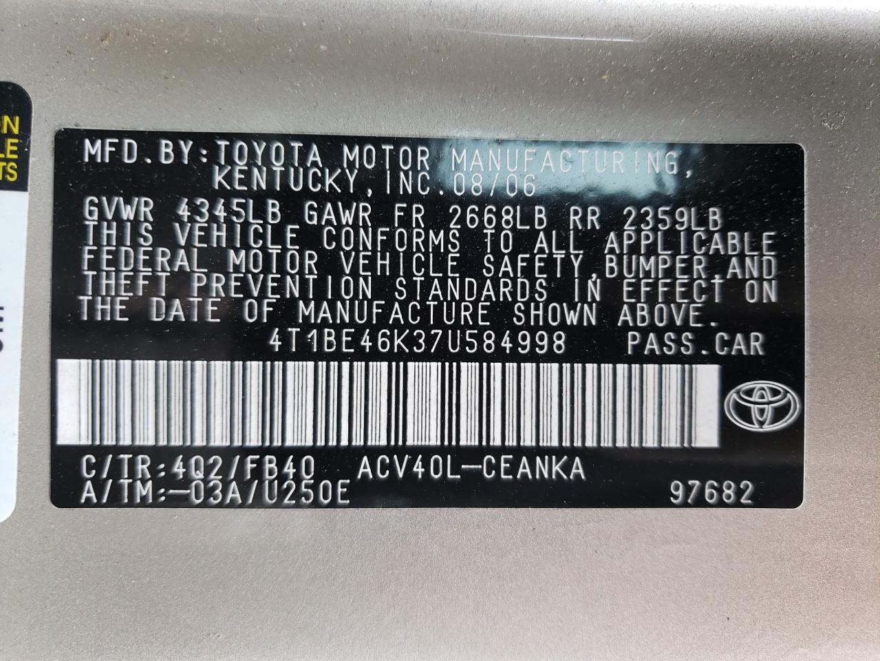 Photo 10 from auction – 2007 TOYOTA CAMRY CE with VIN 4T1BE46K37U584998