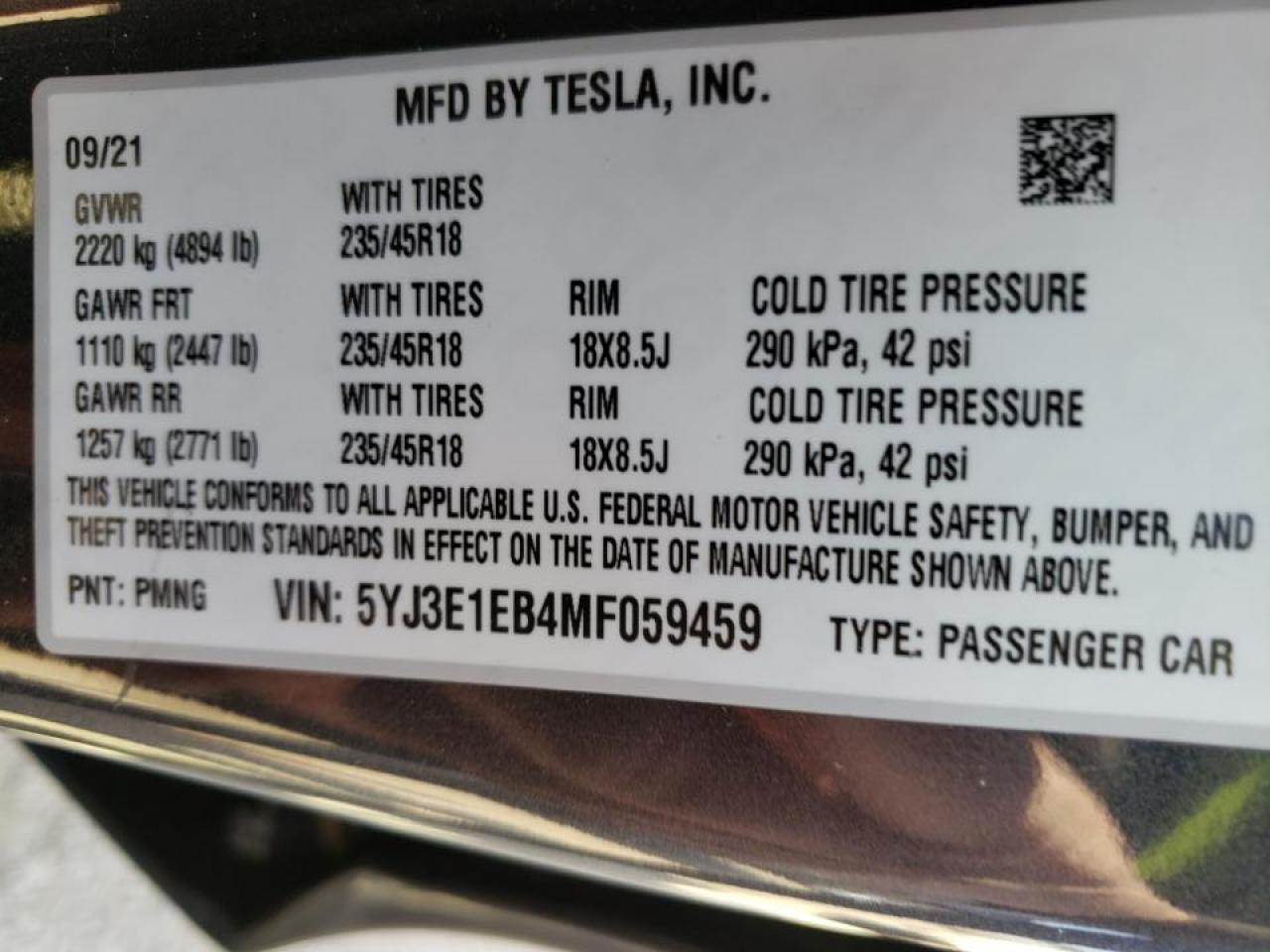 Photo 10 from auction – 2021 TESLA MODEL 3 with VIN 5YJ3E1EB4MF059459