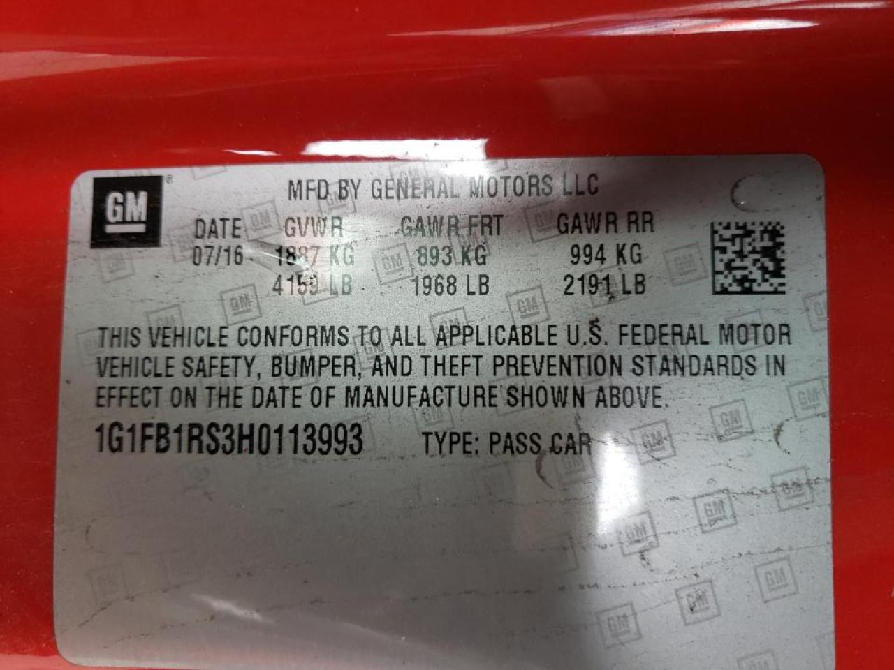 Photo 10 from auction – 2017 CHEVROLET CAMARO LT with VIN 1G1FB1RS3H0113993