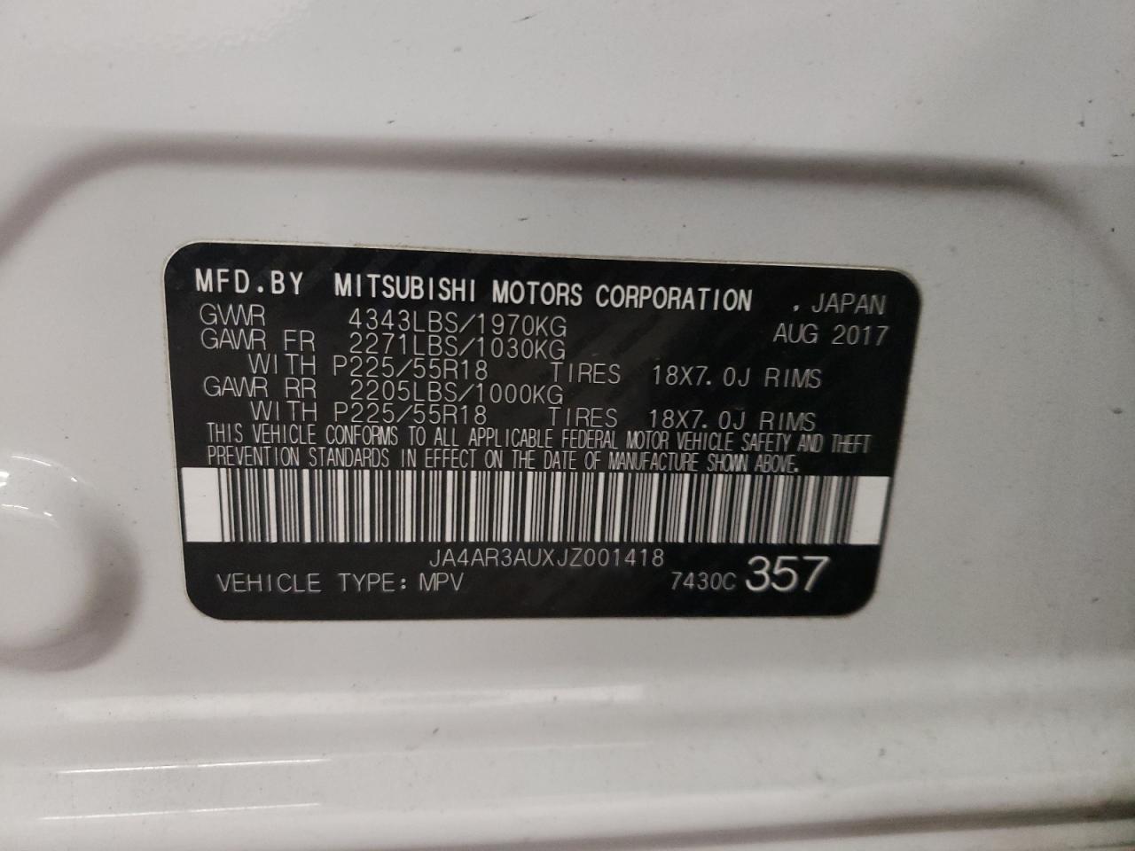 Photo 10 from auction – 2018 MITSUBISHI OUTLANDER with VIN JA4AR3AUXJZ001418