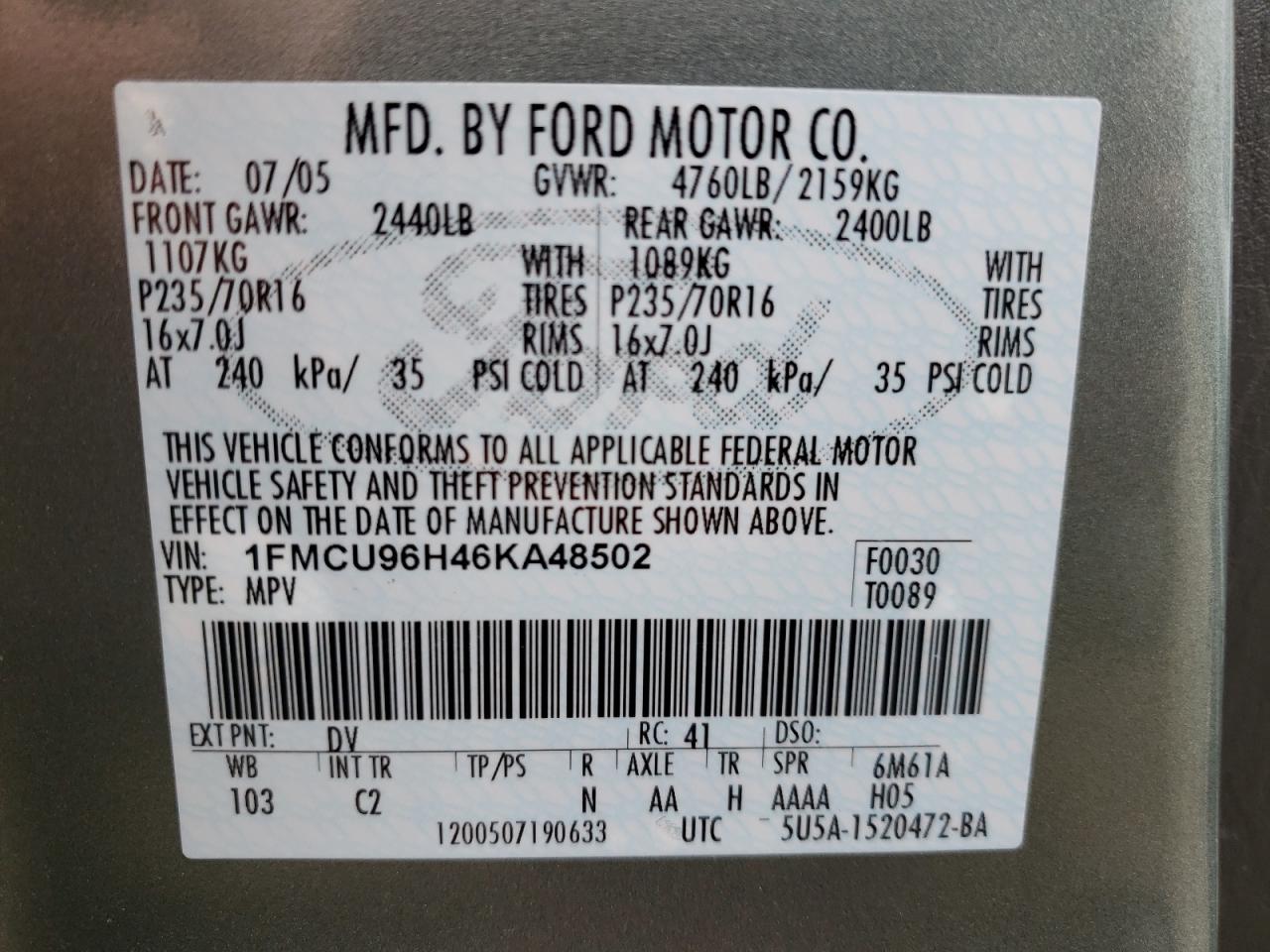 Photo 10 from auction – 2006 FORD ESCAPE HEV with VIN 1FMCU96H46KA48502