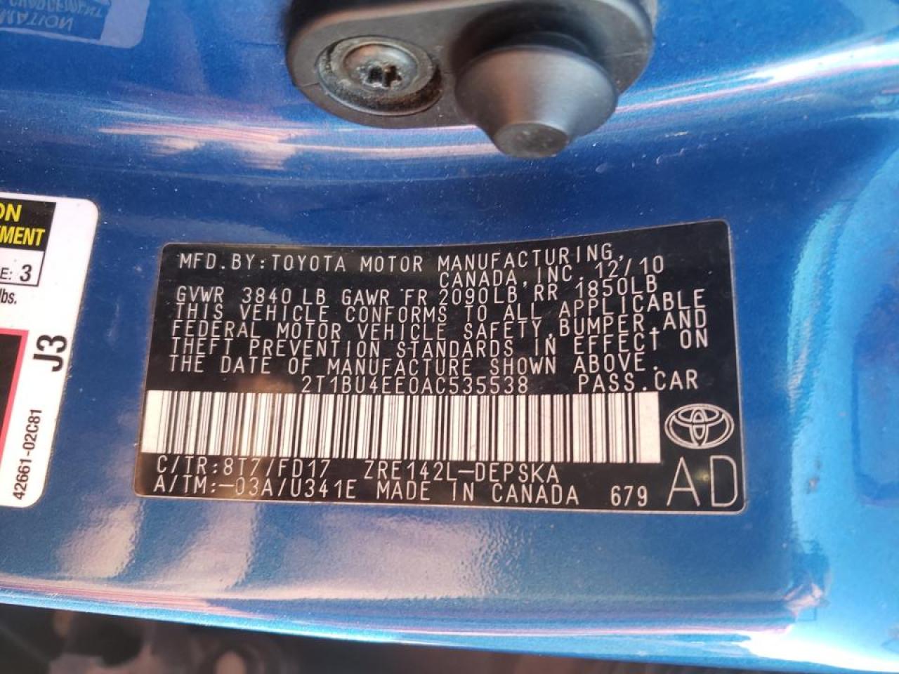 Photo 10 from auction – 2010 TOYOTA COROLLA BA with VIN 2T1BU4EE0AC535538