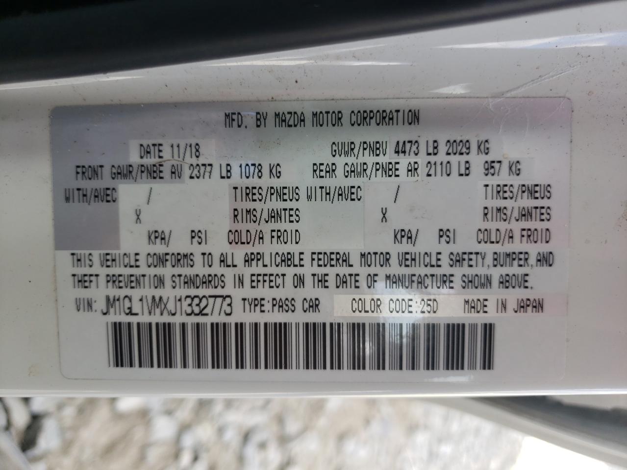 Photo 10 from auction – 2018 MAZDA 6 TOURING with VIN JM1GL1VMXJ1332773
