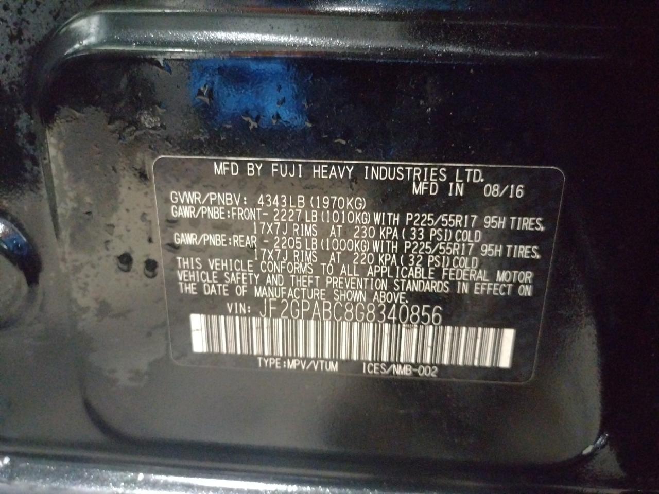 Photo 10 from auction – 2016 SUBARU CROSSTREK with VIN JF2GPABC8G8340856